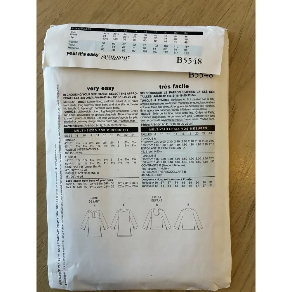 Pullover Tunic Top Shirt Sewing Pattern TALL 16-24 See & Sew 5548 Butterick